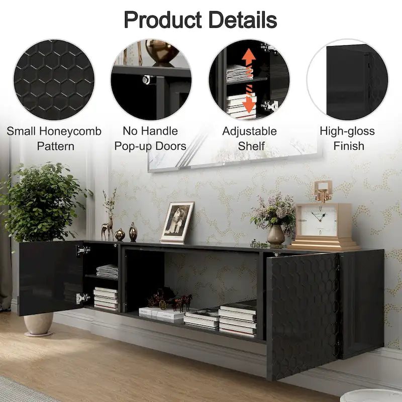Wall Mount Floating TV Stand with Honeycomb Cabinet Doors Open Shelf
