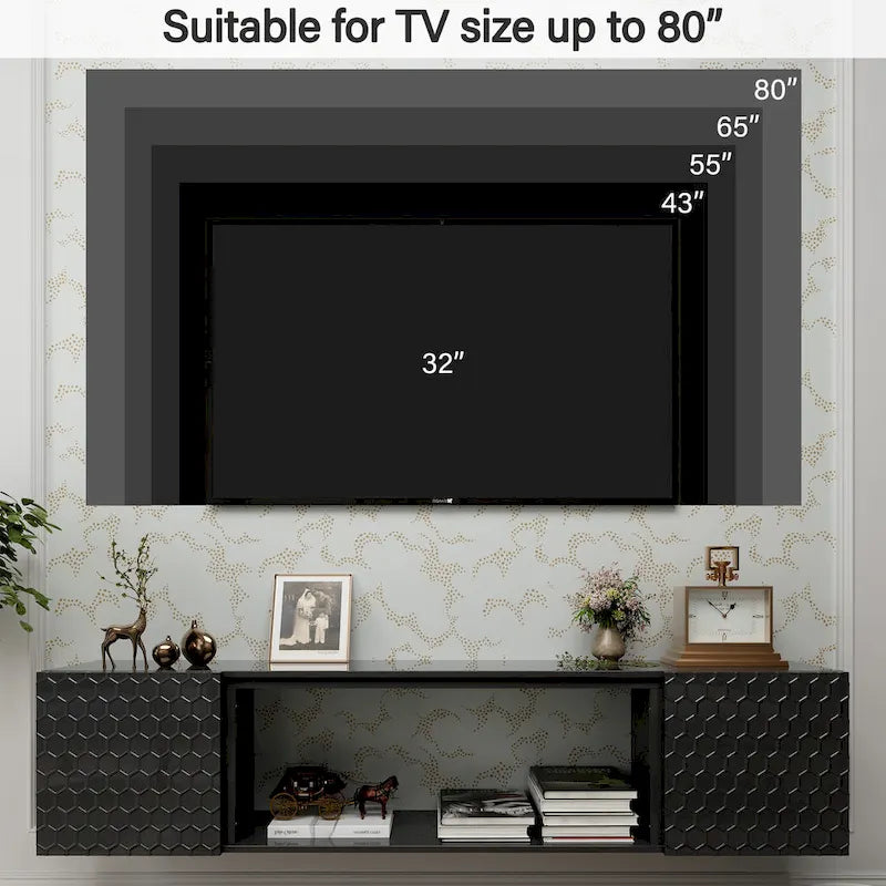 Wall Mount Floating TV Stand with Honeycomb Cabinet Doors Open Shelf