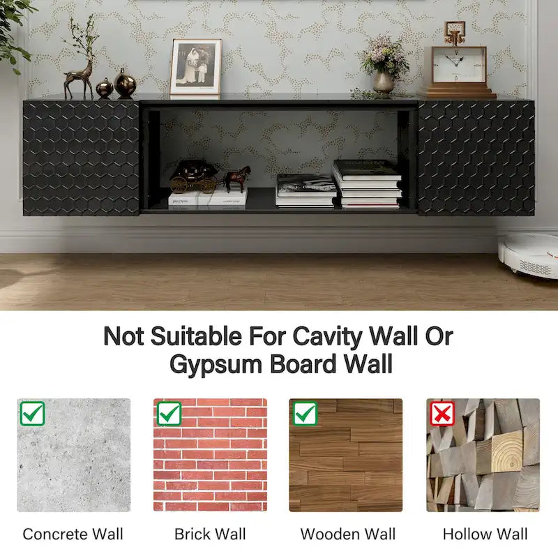 Wall Mount Floating TV Stand with Honeycomb Cabinet Doors Open Shelf