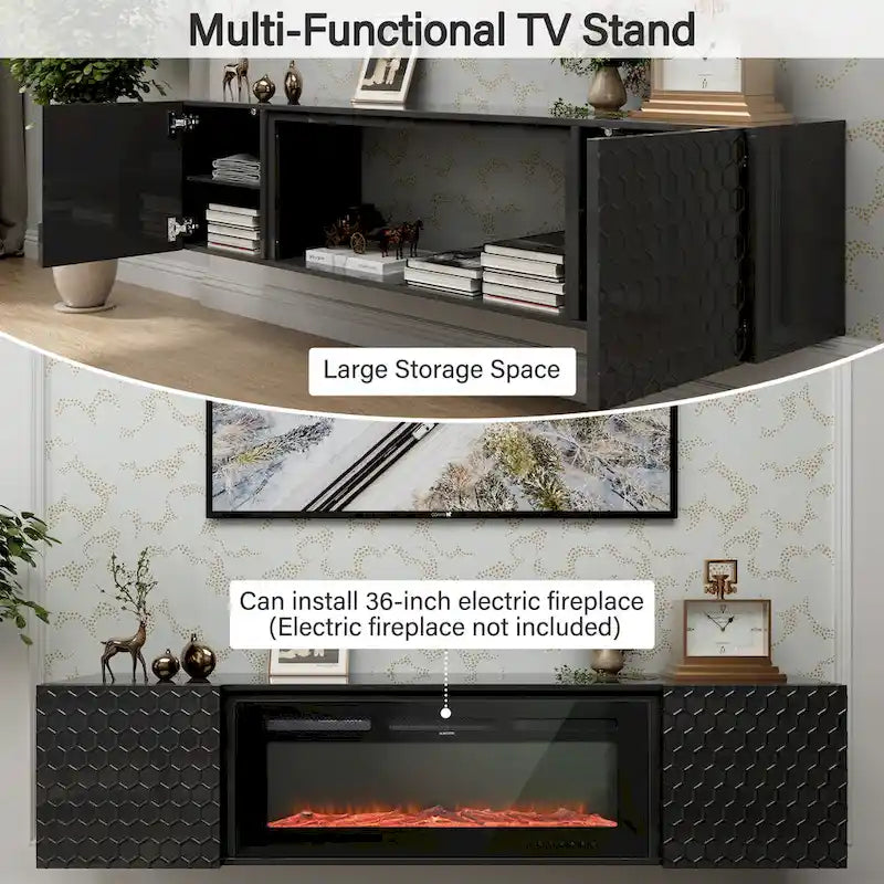 Wall Mount Floating TV Stand with Honeycomb Cabinet Doors Open Shelf