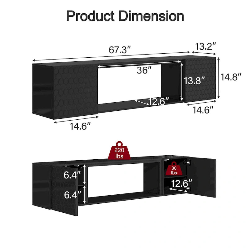 Wall Mount Floating TV Stand with Honeycomb Cabinet Doors Open Shelf
