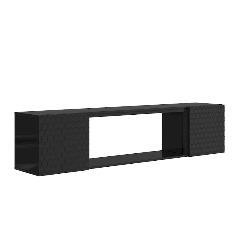 Wall Mount Floating TV Stand with Honeycomb Cabinet Doors Open Shelf