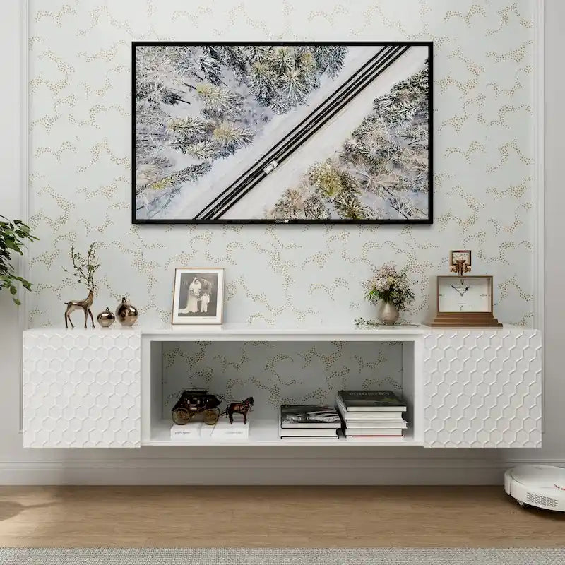 Wall Mount Floating TV Stand with Honeycomb Cabinet Doors Open Shelf