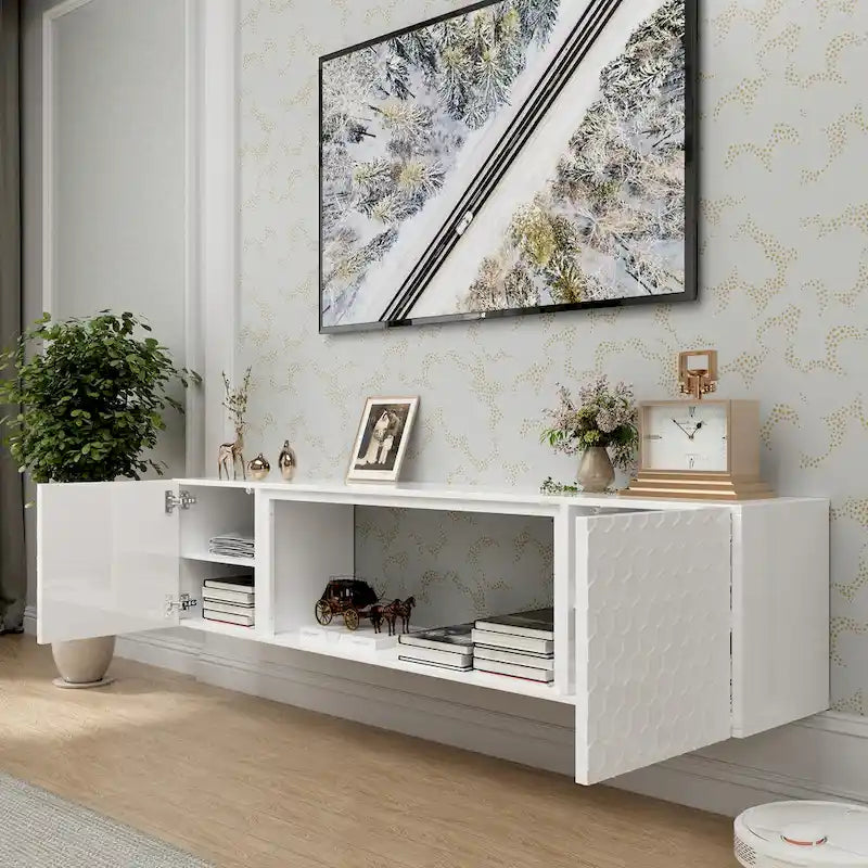 Wall Mount Floating TV Stand with Honeycomb Cabinet Doors Open Shelf