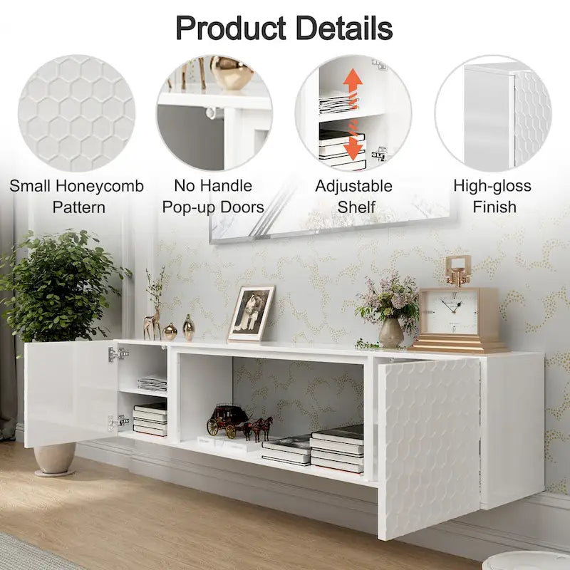 Wall Mount Floating TV Stand with Honeycomb Cabinet Doors Open Shelf