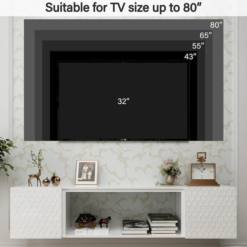 Wall Mount Floating TV Stand with Honeycomb Cabinet Doors Open Shelf