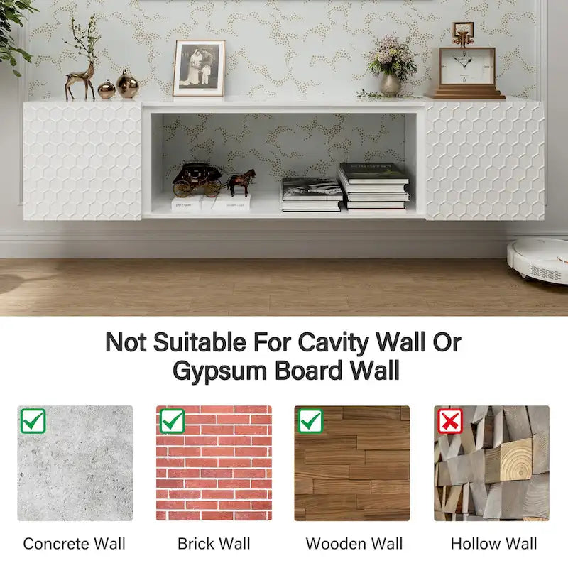 Wall Mount Floating TV Stand with Honeycomb Cabinet Doors Open Shelf