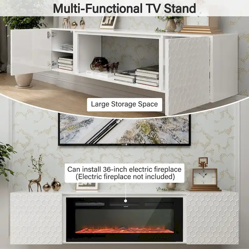 Wall Mount Floating TV Stand with Honeycomb Cabinet Doors Open Shelf