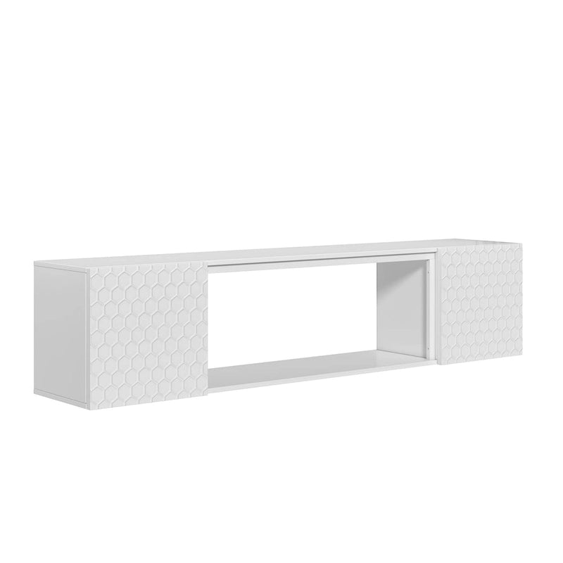Wall Mount Floating TV Stand with Honeycomb Cabinet Doors Open Shelf