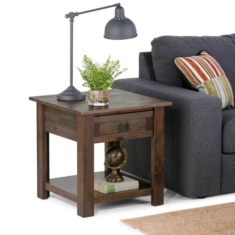 Rustic Solid Acacia Wood Square End Side Table with Drawer Distressed Brown