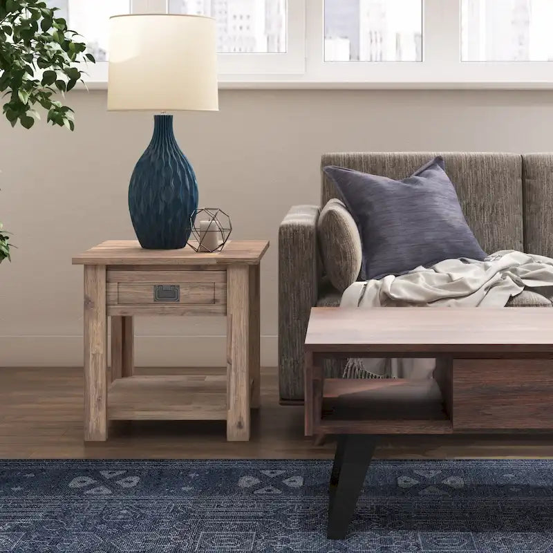 Rustic Solid Acacia Wood Square End Side Table with Drawer Distressed Brown