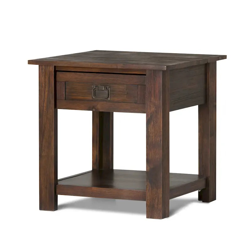 Rustic Solid Acacia Wood Square End Side Table with Drawer Distressed Brown