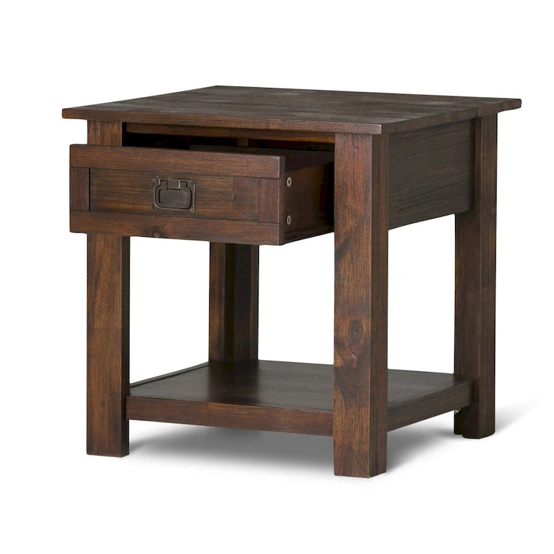 Rustic Solid Acacia Wood Square End Side Table with Drawer Distressed Brown