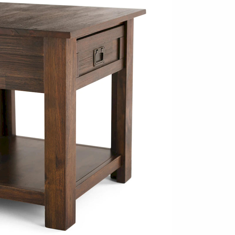 Rustic Solid Acacia Wood Square End Side Table with Drawer Distressed Brown