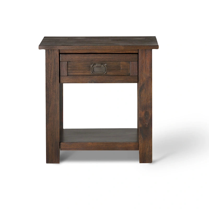 Rustic Solid Acacia Wood Square End Side Table with Drawer Distressed Brown