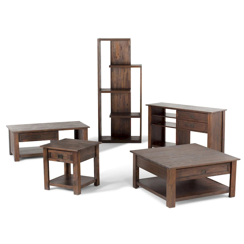 Rustic Solid Acacia Wood Square End Side Table with Drawer Distressed Brown
