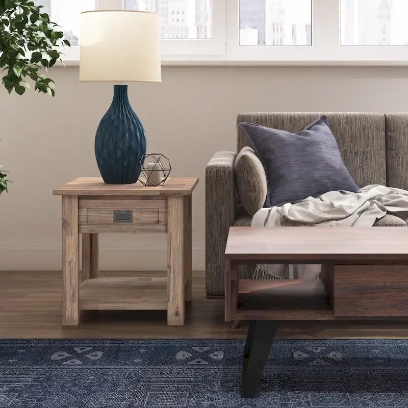 Rustic Solid Acacia Wood Square End Side Table with Drawer Distressed Brown