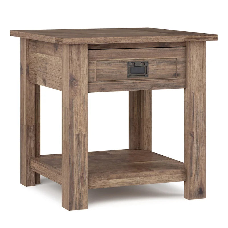 Rustic Solid Acacia Wood Square End Side Table with Drawer Distressed Brown