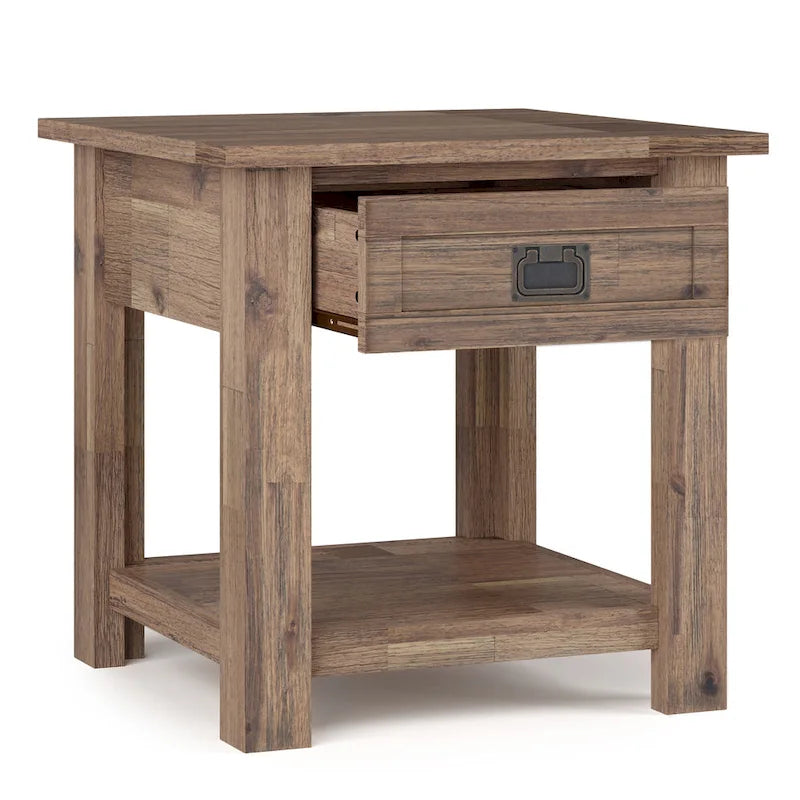Rustic Solid Acacia Wood Square End Side Table with Drawer Distressed Brown