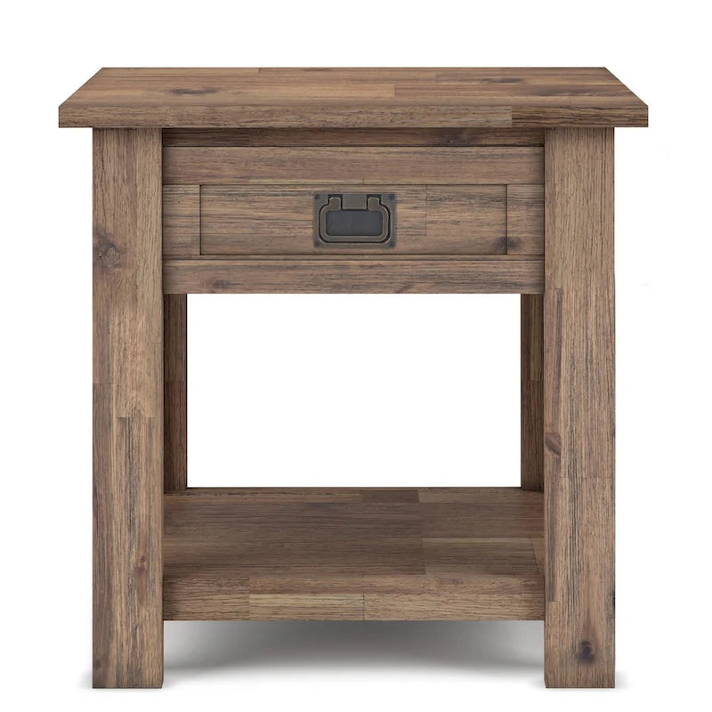 Rustic Solid Acacia Wood Square End Side Table with Drawer Distressed Brown