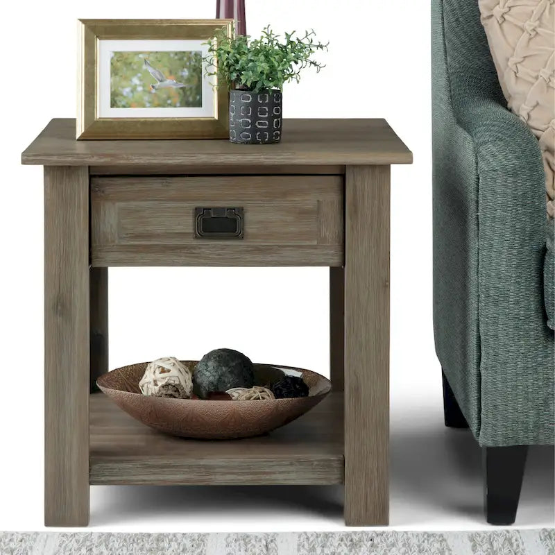 Rustic Solid Acacia Wood Square End Side Table with Drawer Distressed Brown