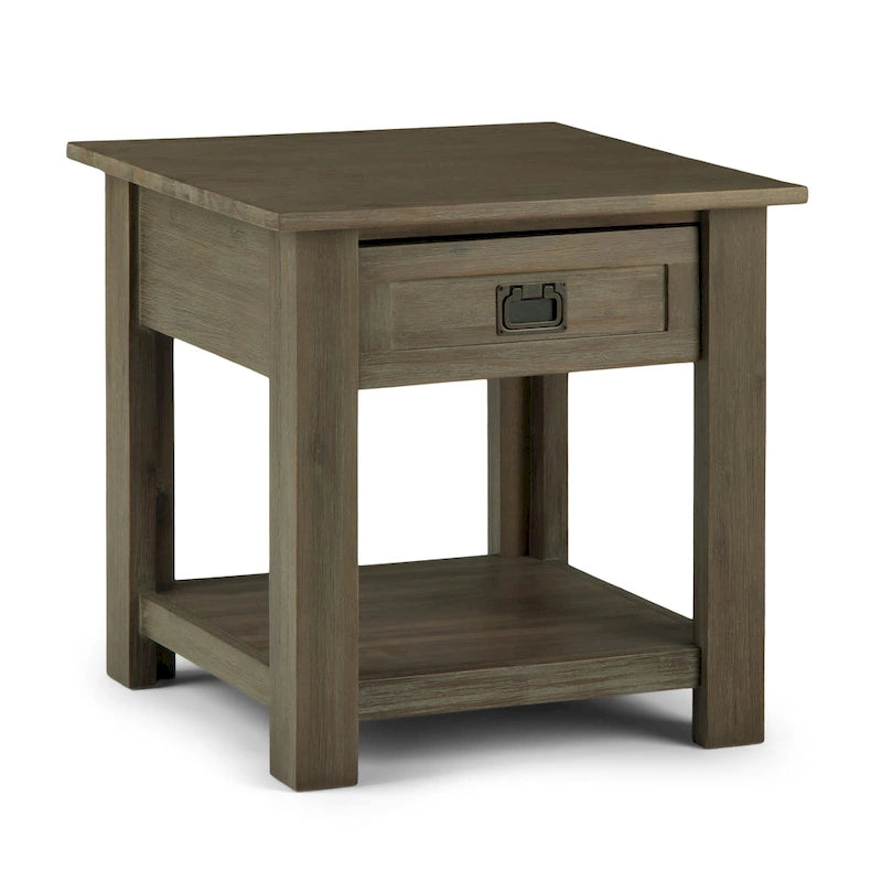 Rustic Solid Acacia Wood Square End Side Table with Drawer Distressed Brown