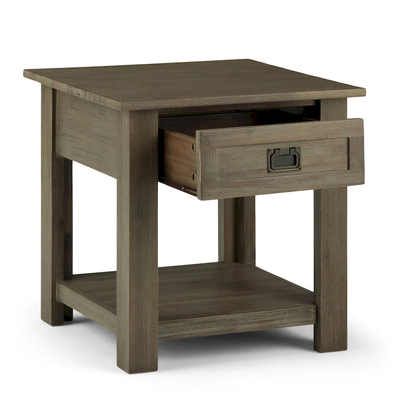 Rustic Solid Acacia Wood Square End Side Table with Drawer Distressed Brown