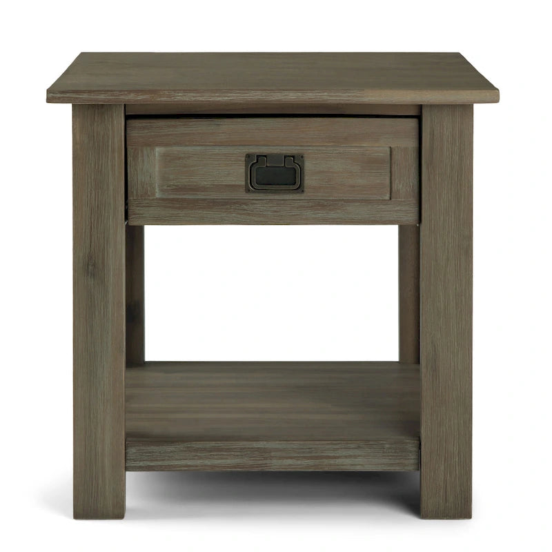 Rustic Solid Acacia Wood Square End Side Table with Drawer Distressed Brown