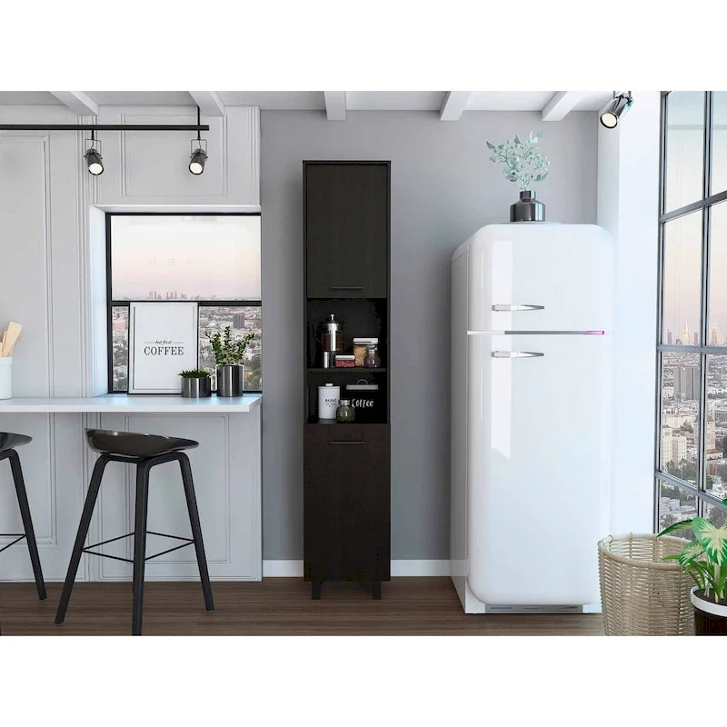 Slim Tall Pantry Cabinet Double Doors Open Shelves White Black