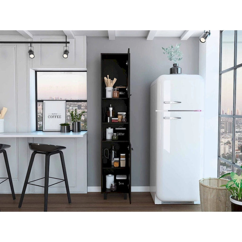 Slim Tall Pantry Cabinet Double Doors Open Shelves White Black