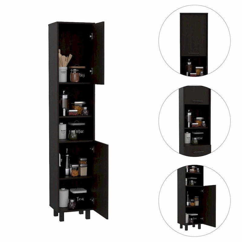 Slim Tall Pantry Cabinet Double Doors Open Shelves White Black