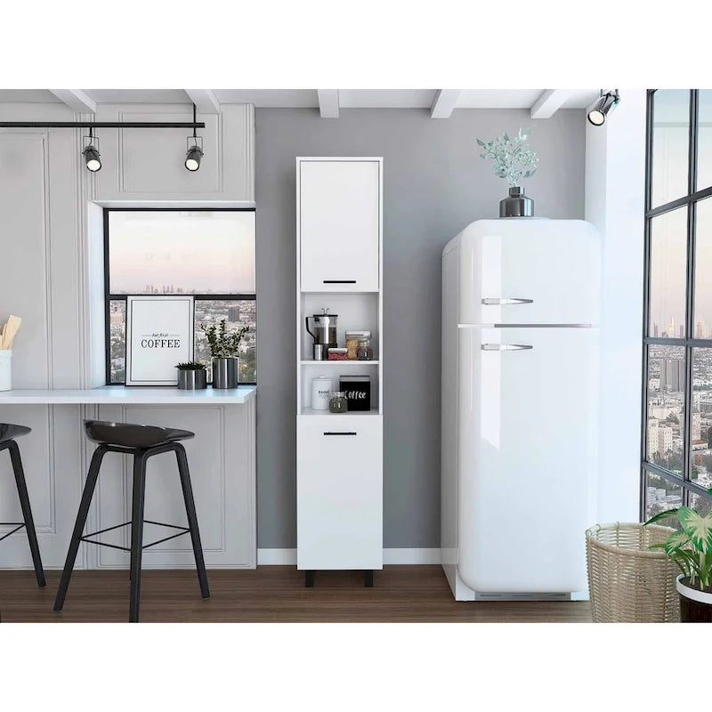 Slim Tall Pantry Cabinet Double Doors Open Shelves White Black