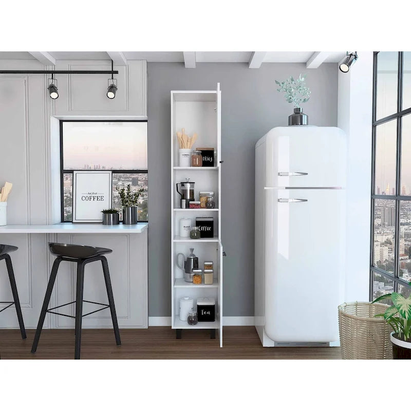 Slim Tall Pantry Cabinet Double Doors Open Shelves White Black