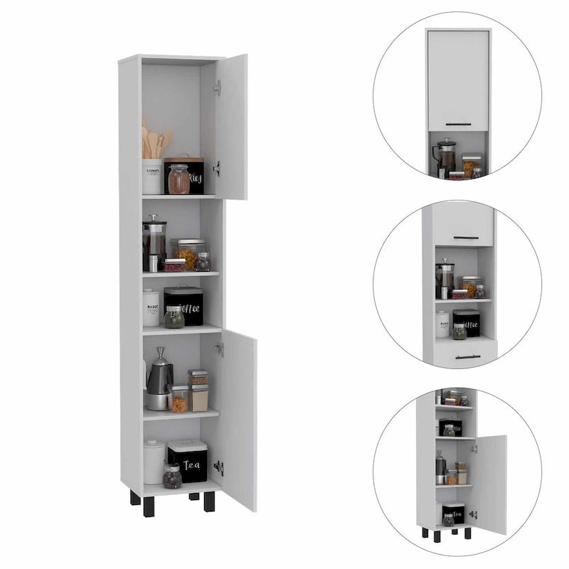 Slim Tall Pantry Cabinet Double Doors Open Shelves White Black