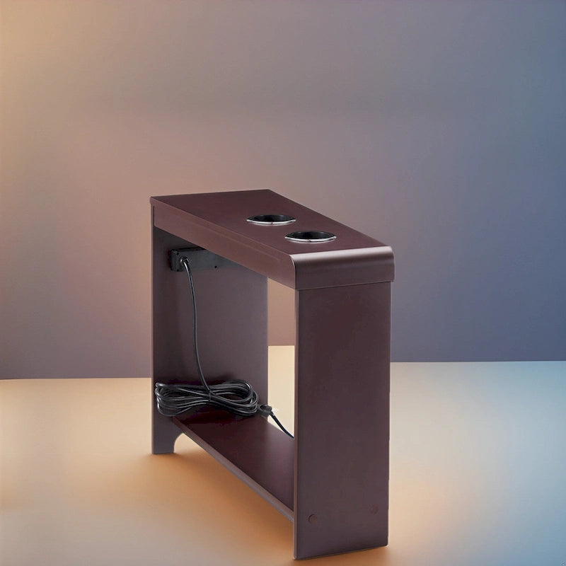 Slim Wooden End Table with Charging Station Cup Holders and Shelf