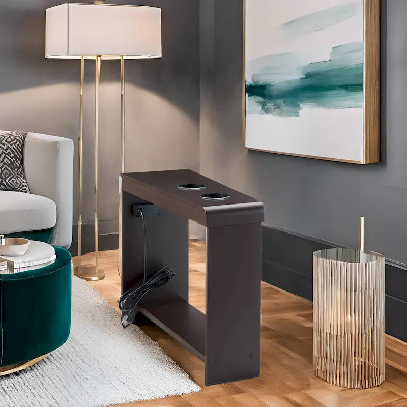 Slim Wooden End Table with Charging Station Cup Holders and Shelf