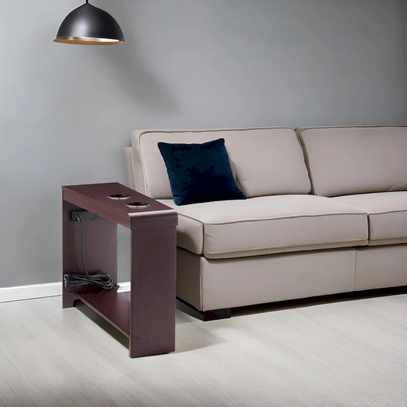 Slim Wooden End Table with Charging Station Cup Holders and Shelf