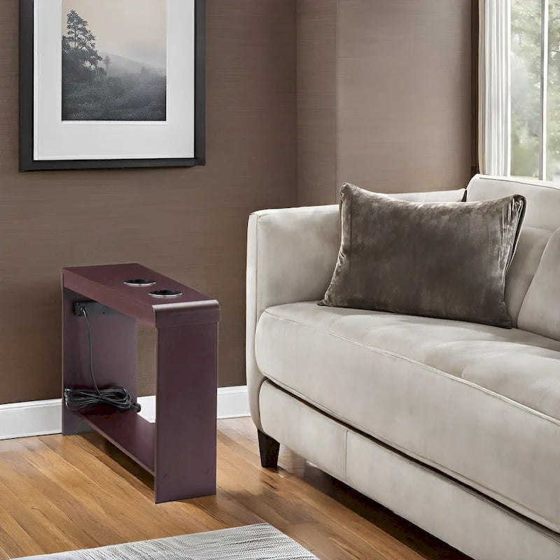 Slim Wooden End Table with Charging Station Cup Holders and Shelf