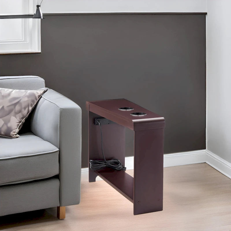 Slim Wooden End Table with Charging Station Cup Holders and Shelf