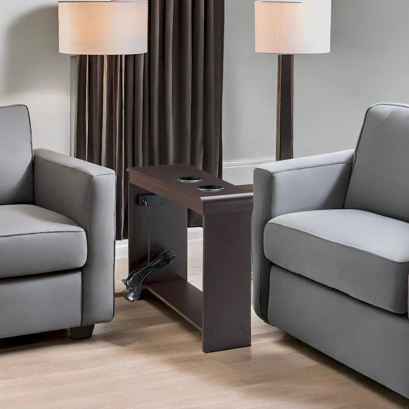 Slim Wooden End Table with Charging Station Cup Holders and Shelf