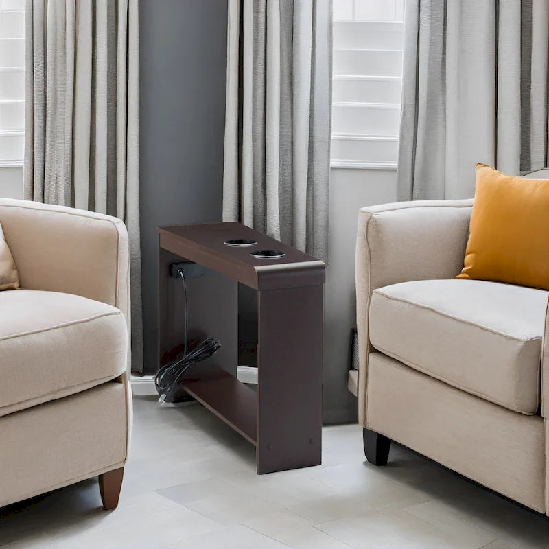 Slim Wooden End Table with Charging Station Cup Holders and Shelf