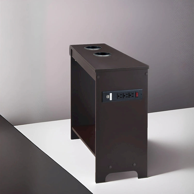 Slim Wooden End Table with Charging Station Cup Holders and Shelf
