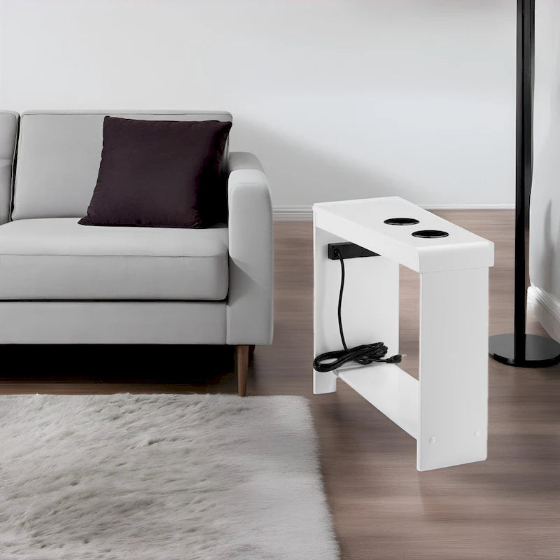 Slim Wooden End Table with Charging Station Cup Holders and Shelf