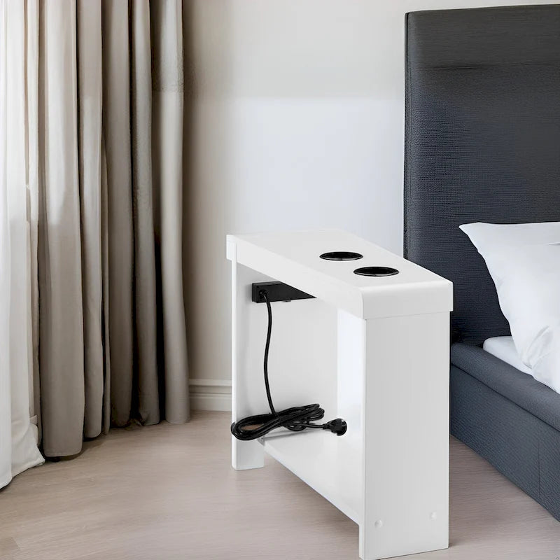 Slim Wooden End Table with Charging Station Cup Holders and Shelf