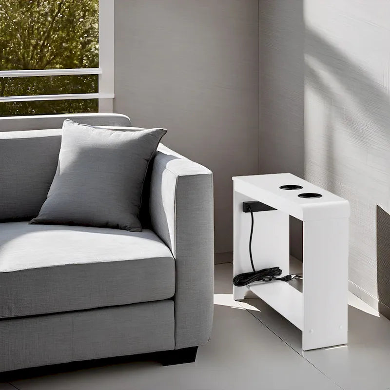 Slim Wooden End Table with Charging Station Cup Holders and Shelf