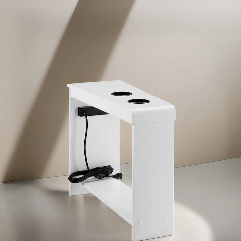 Slim Wooden End Table with Charging Station Cup Holders and Shelf