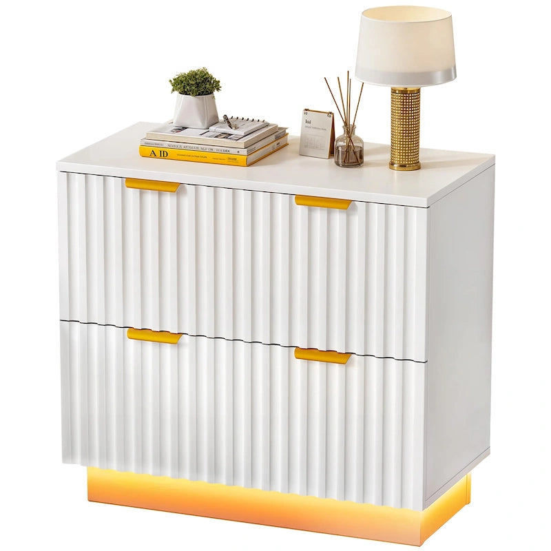 White 2-Drawer Lateral Filing Cabinet with Gold Handles LED Light