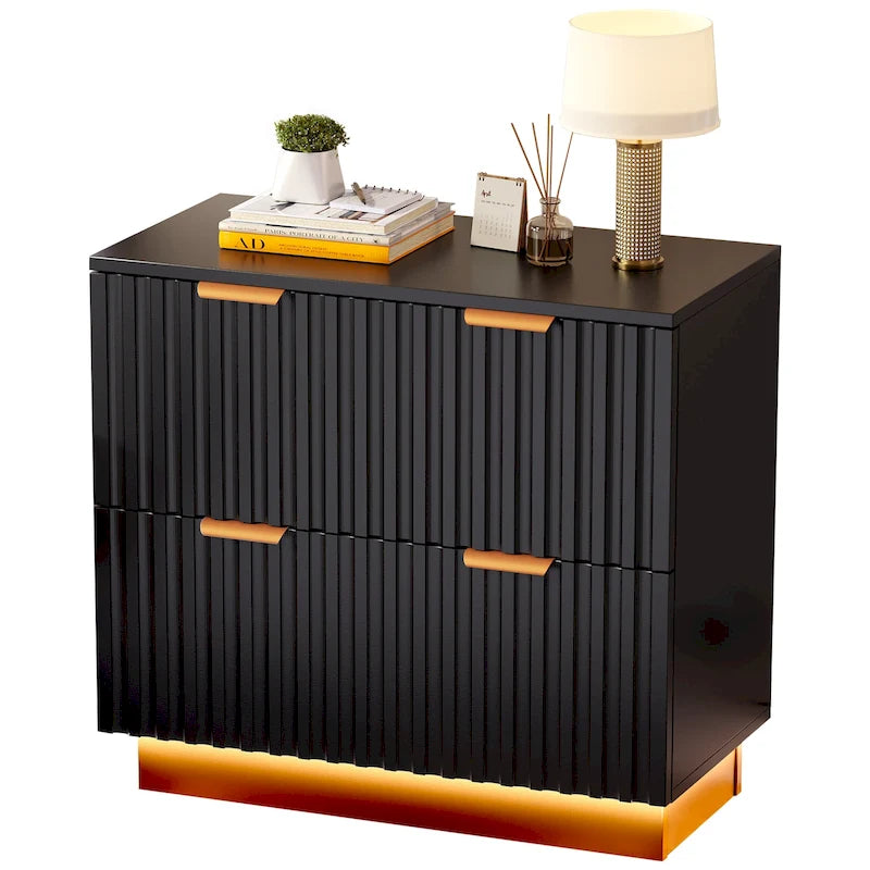 White 2-Drawer Lateral Filing Cabinet with Gold Handles LED Light