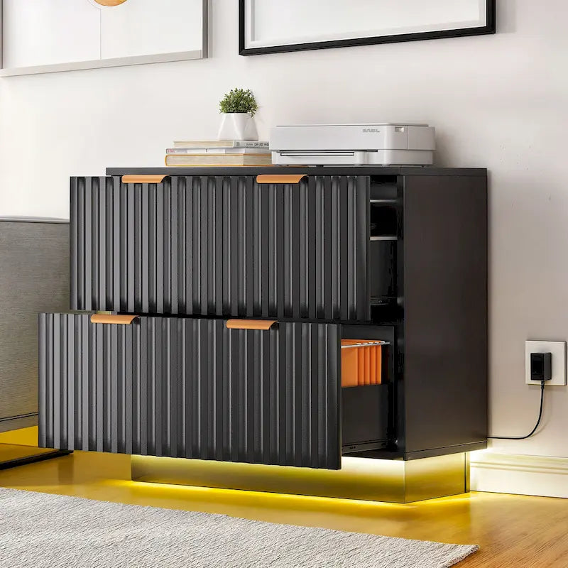 White 2-Drawer Lateral Filing Cabinet with Gold Handles LED Light