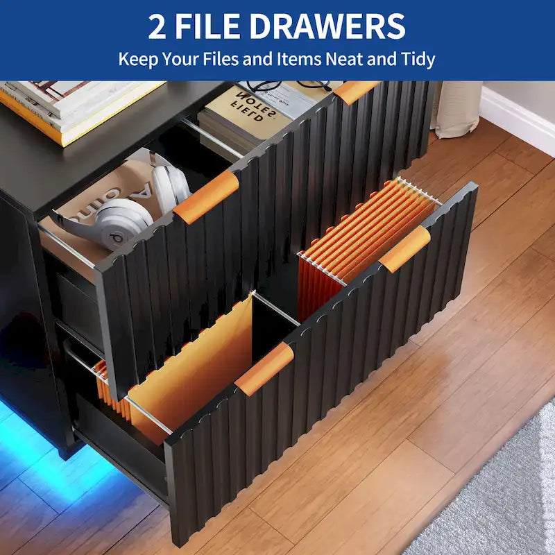 White 2-Drawer Lateral Filing Cabinet with Gold Handles LED Light